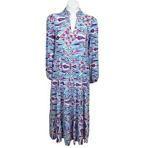 Sail to Sable Long Sleeve Geometric Floral Maxi Dress in Blue, Pink, White SMALL